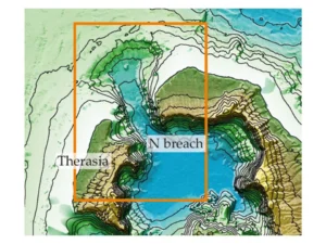 Image of the northern 'breach' in the Santorini caldera, and the scour and channel that cut through it. 