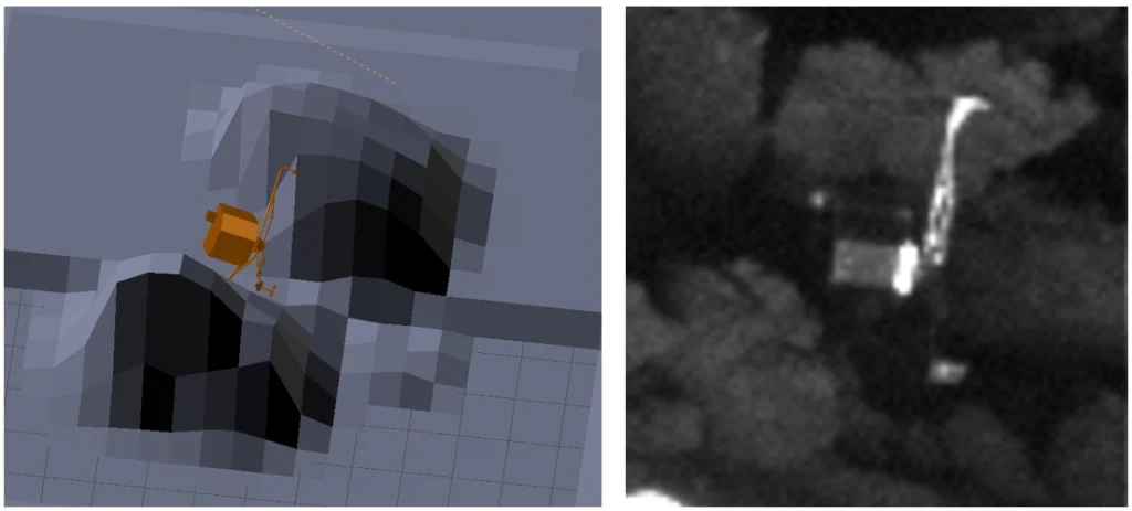 Comparison of the numerical models of the attitude of the lander (left) and the actual position of Philae as seen from Rosetta. Credit: A. Lethuillier and ESA/Rosetta/MPS for OSIRIS Team MPS/UPD/LAM/IAA/SSO/INTA/UPM/DASP/IDA