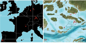 All known atoposaurid localities in the Late Jurassic of Europe, based on modern and Jurassic geography. See the paper for locality details!