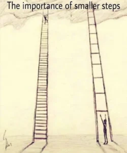 Drawing of two ladders, one on the right with large spacing between the steps and one on the left with a much smaller spacing between the steps. On top of the image is a text that says: 'The importance of smaller steps'.