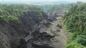 A photograph of a canyon captured by a drone.