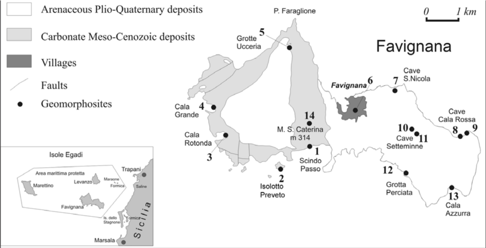 A geological map of Favignana island naming the major population centers, faults, and primary composition of the rocks on the island