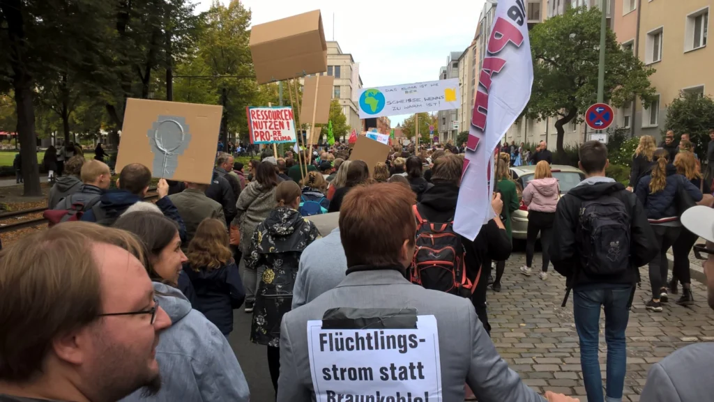 Protesters walking through Potsdam's city centre.
