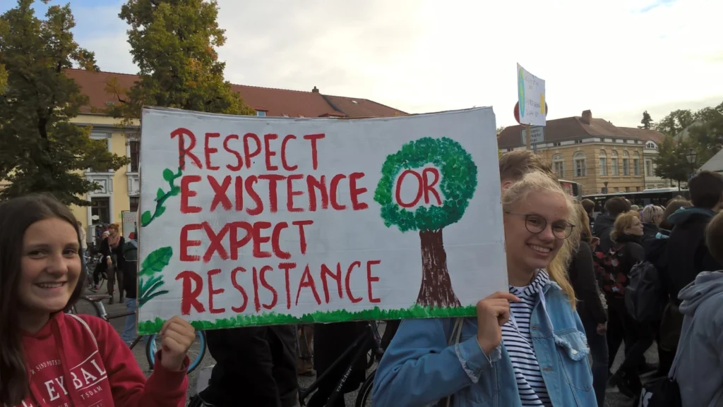 Protesters walking through Potsdam's city centre.