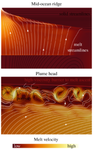 Numerical model of melt transport below MOR and in plume head.