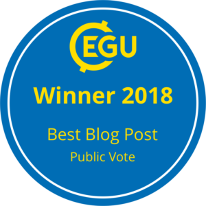 Blue circle with yellow EGU logo and yellow text saying winner 2018, best blog post, public vote.
