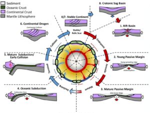 Wilson cycle stages displayed as a cyclic round. From rift basin, to passive margin, oceanic subduction, continental orogen, and stable continent.