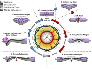 Wilson cycle stages displayed as a cyclic round. From rift basin, to passive margin, oceanic subduction, continental orogen, and stable continent.