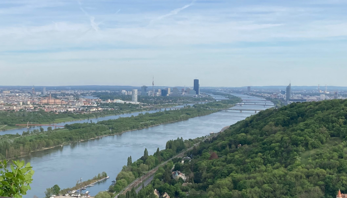 A view of the Old and the New Danube, with the Danube Island in the middle.