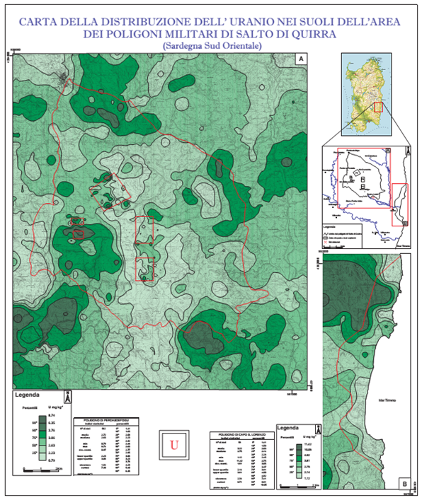 Distribution map of uranium concentrations in top-soils of the two firing ranges of Perdasdefogu and Capo San Lorenzo and nearby areas (from the Siena University report, 2004).