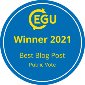 Blue circle with yellow EGU logo and yellow text saying winner 2021, best blog post, public vote.
