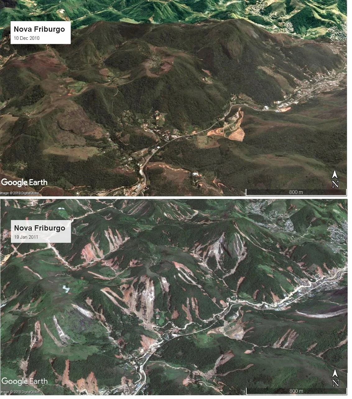 Satellite imagery of the 2011 mudslides in Nova Friburgo - before and after. Via Google Earth, collected in 2019.