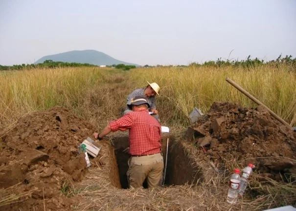 Soil sampling with Peter Schad in Cixi, China in 2008.