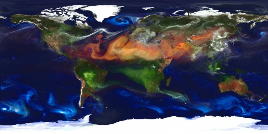 Image of the global aerosol distribution produced by NASA. The image was produced using high-resolution modelling by William Putman from NASA/Goddard. The colours show the swirls of aerosol particles formed from the numerous sources across the globe. The colours show aerosol particles as dust (gold/brown), sea-spray (blue), biomass burning/wildfires (green) and industrial/urban (white).